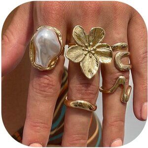 Women Gold Rings Set Pearl Flower Stackable Knuckle Chunky Statement Fashion
